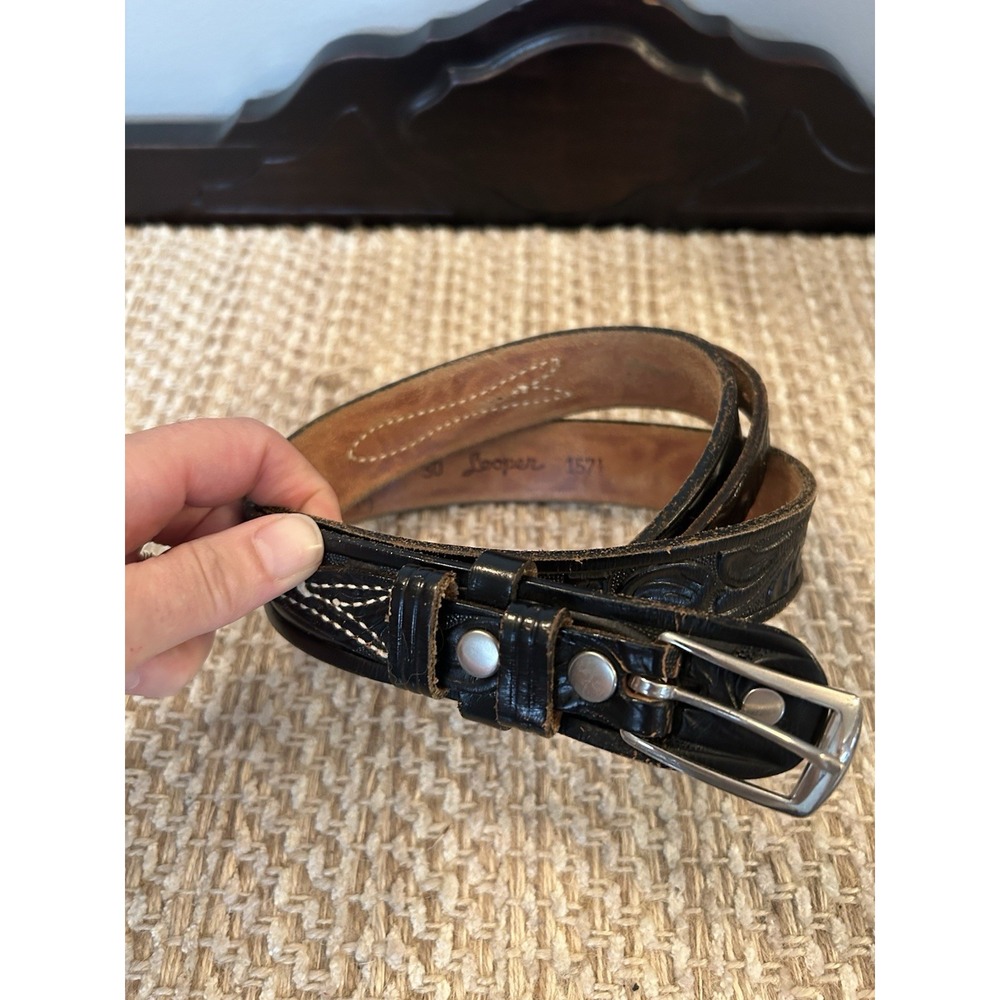 Vtg Loopers Black Floral Tooled Leather Western Belt Silver Buckle Sz 30 Ranger